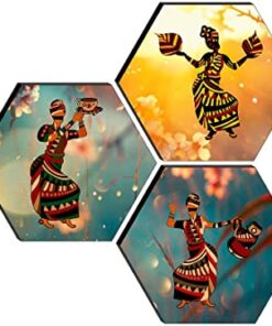 SAF Set of 3 Hexagon Modern Art Dancing MDF Board UV Textured Painting 17 Inch X 17 Inch SANFHXS30542
