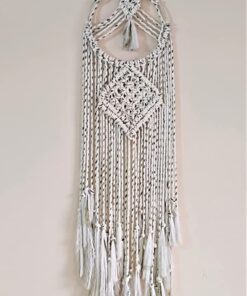 Kasba Cotton Wall Hanging for livingroom Decoration | Bohemian Geometric Theme | Cotton Dream Catcher | Bohemian Wall Decor | Handmade (3 feet, White with Green Lines)