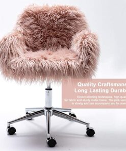 DKLGG Faux Fur Desk Chair, Cute Fluffy Upholstered Padded Seat, Vanity Accent Modern Height Adjustable Swivel Arm Decorative Furniture for Living Room/Makeup/Home Office/Teen Girls Bedroom, Pink